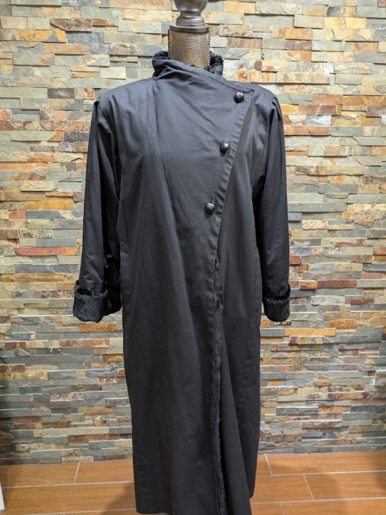 Asymetrical Cotton Trenchcoat With Black Sheared Rabbit Fur Liner Size Medium